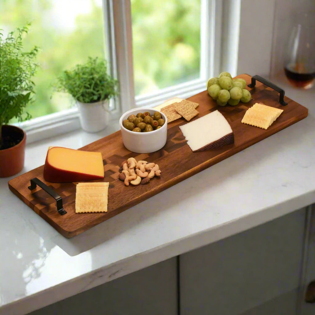 Velora Acacia Serving Tray with Metal Handles