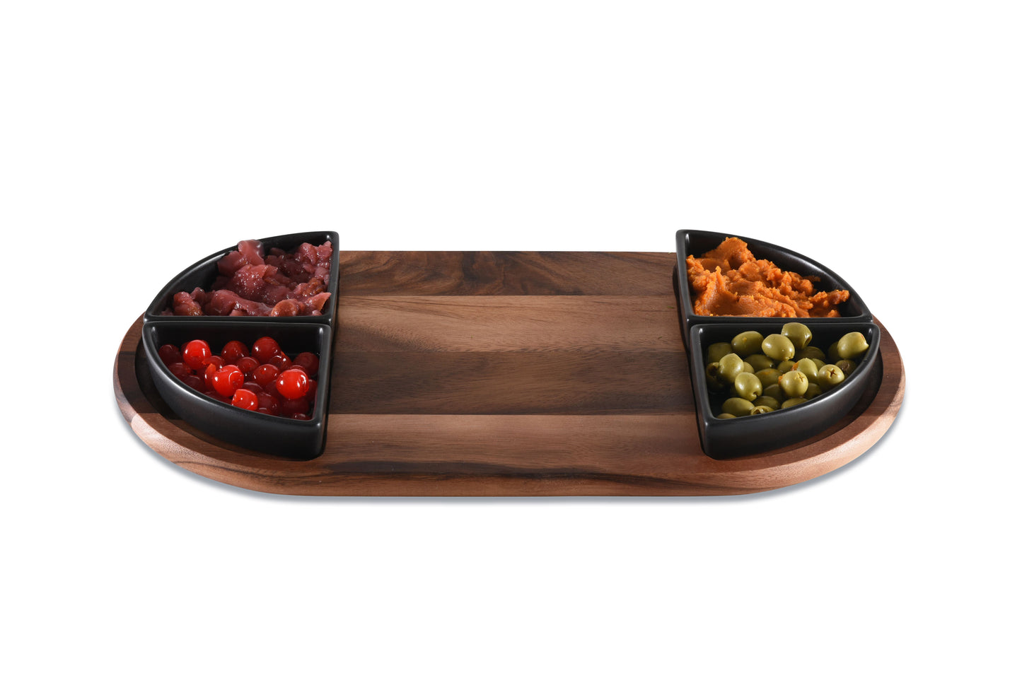 Acacia Wood Serving Tray w/ Ceramic Bowls