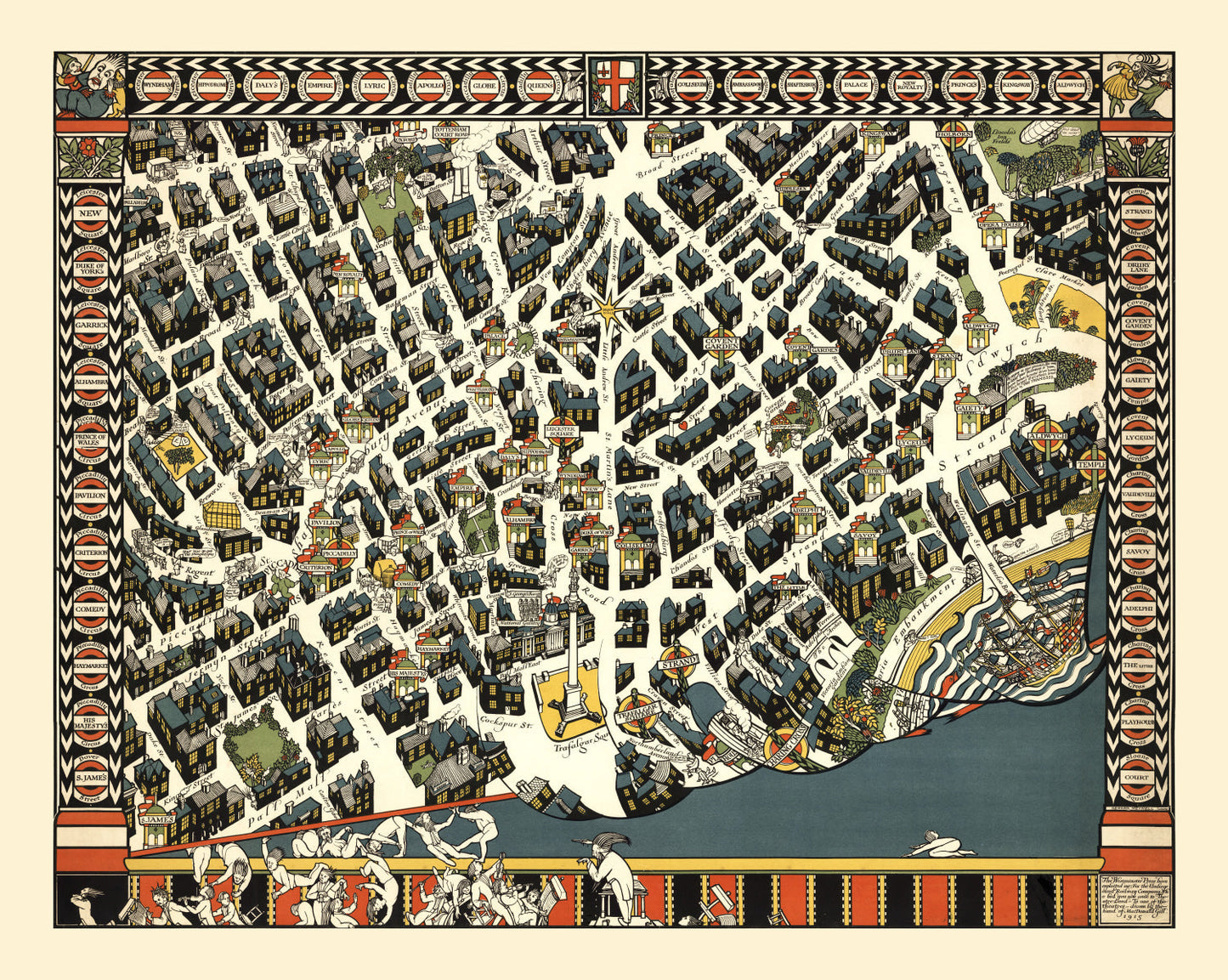 Vintage Map of London Theater District, England 1915