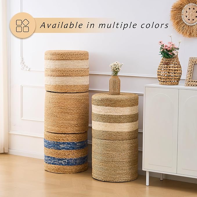 Handwoven Ottoman Pouf, Natural Water Hyacinth Footstool, Round Braided Outdoor Seat with Sturdy Frame, Boho Accent Stool for Patio, Balcony, or Garden (Blue)