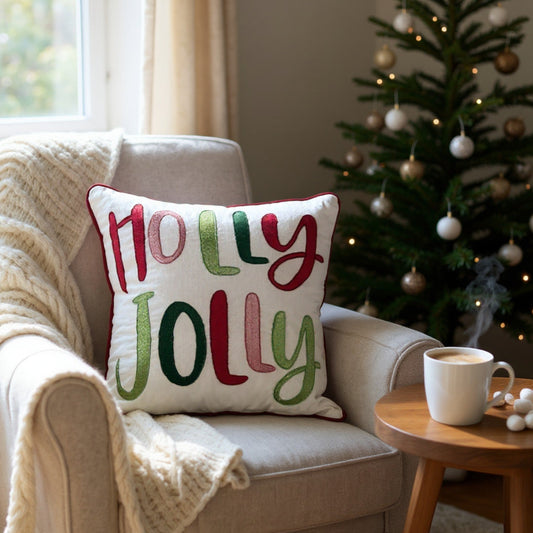 Holly Jolly Embroidered Pillow