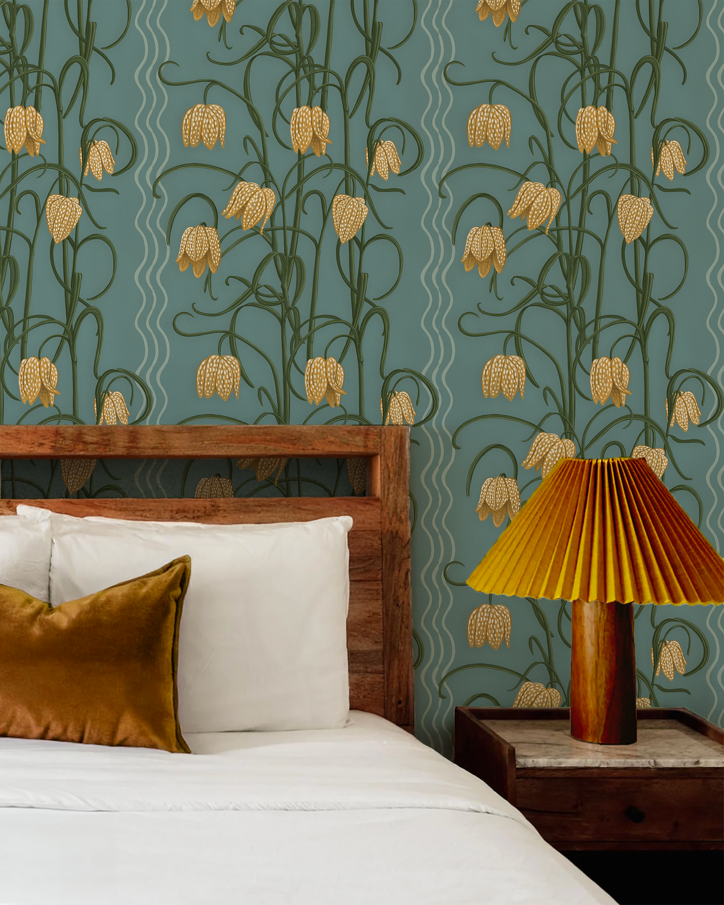 Campanas Wallpaper | dusty blue & marigold