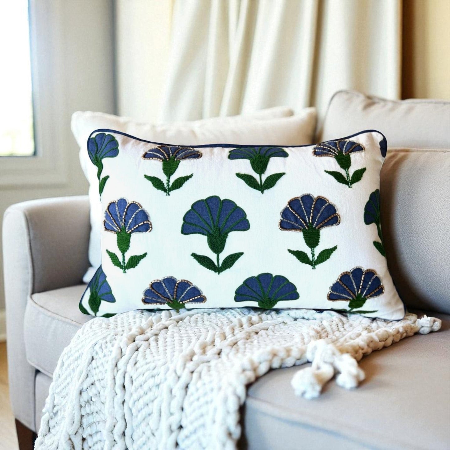 Embroidered Floral Blue Boho Accent Pillow