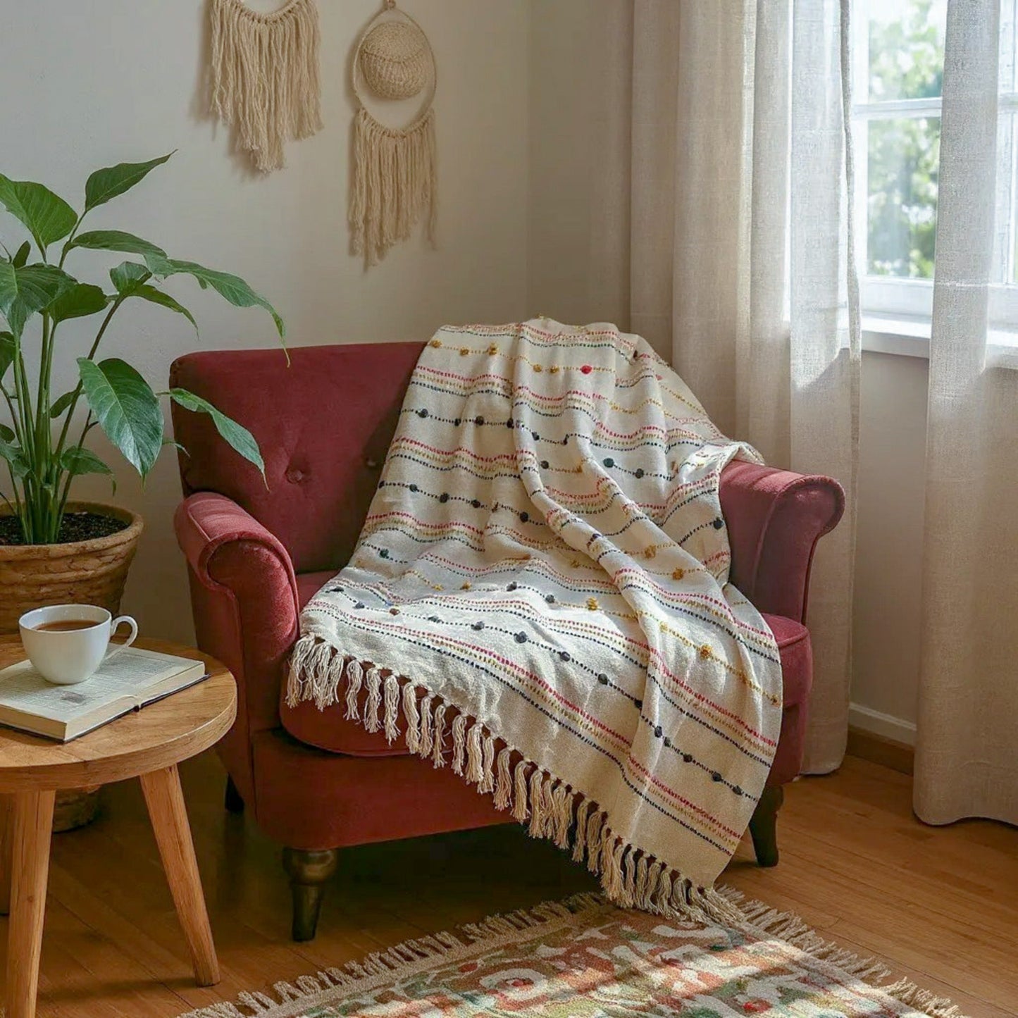 Halston Hand Woven Throw with Tufts & Tassels