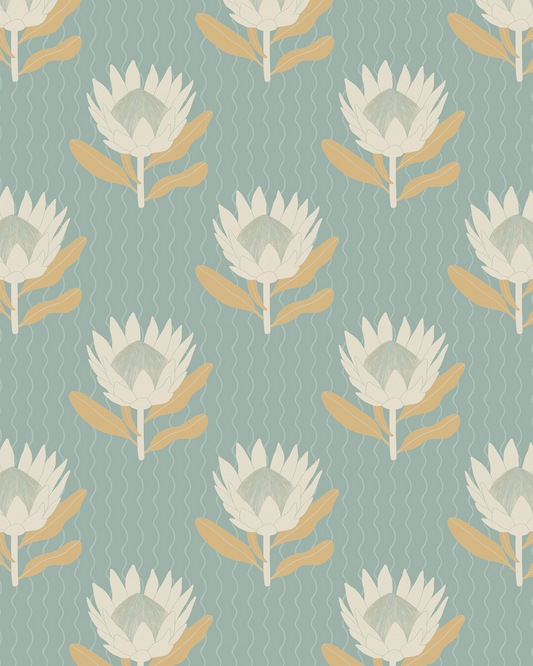 King Protea Wallpaper, light blue and apricot