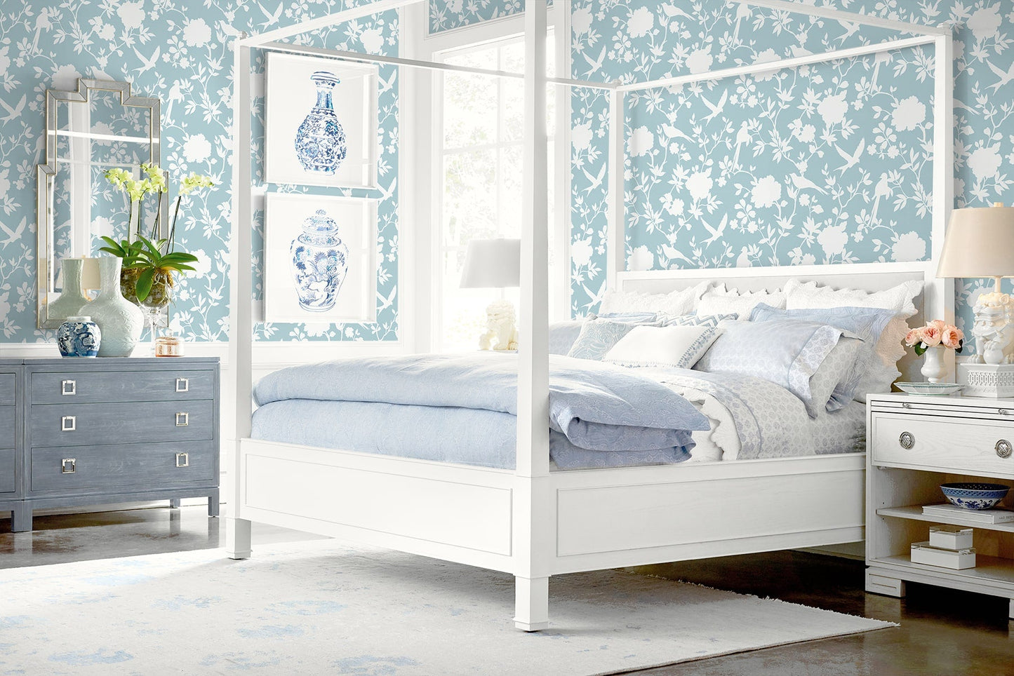 Kauai Bird Toile Embossed Vinyl Unpasted Wallpaper