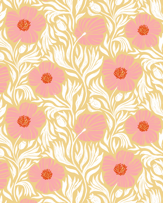 Matilija Wallpaper, butter yellow, pink & white