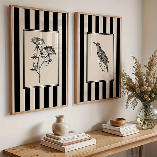 Black Bird & Floral Wall Art Set