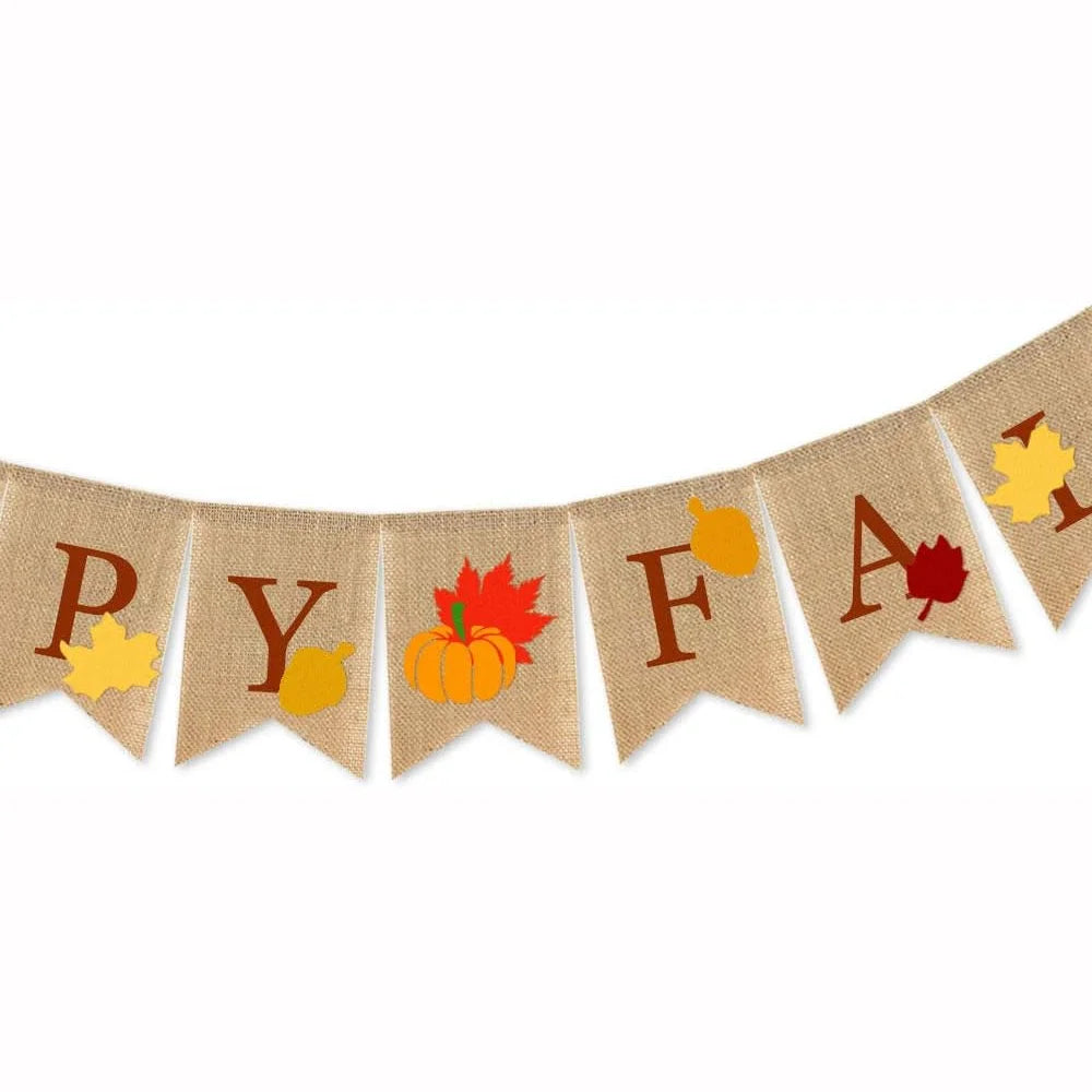 Happy Fall Burlap Banner with Pumpkin Fallen Leaves