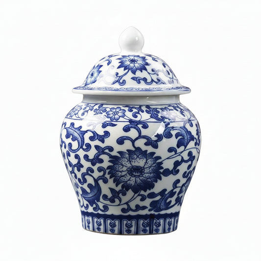 Chinoiserie Blue & White Porcelain Decorative Vase with Lid