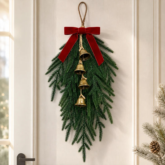 20” Realistic Christmas Pine Hanging Swag with Red Velvet Bow and Bells