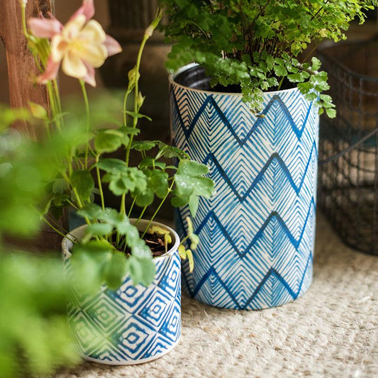 Geometric Blue Print Ceramic Planter