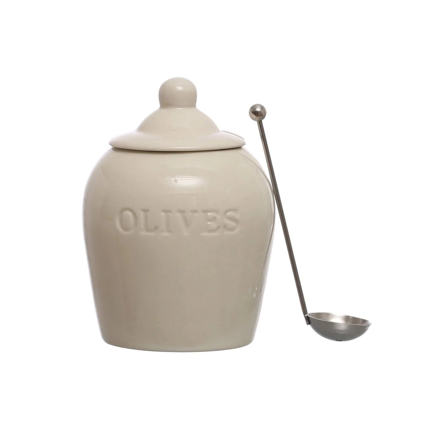 Debossed Stoneware Olive Jars with Slotted Spoon