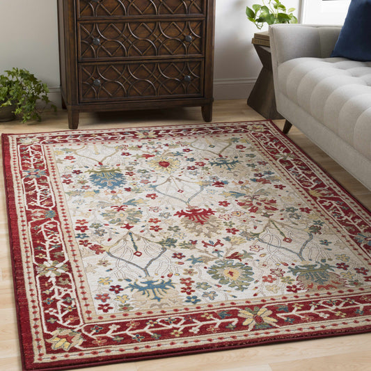 Neola White & Red Damask Area Rug
