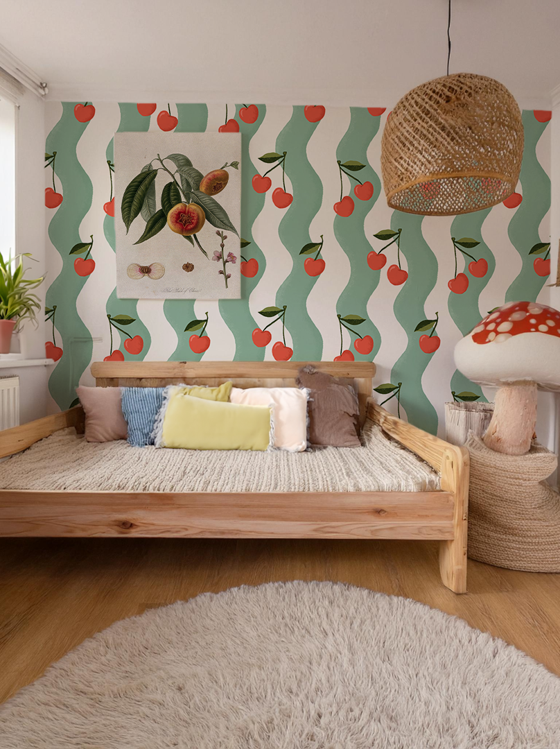 Wavy Cherry Wallpaper, white and teal
