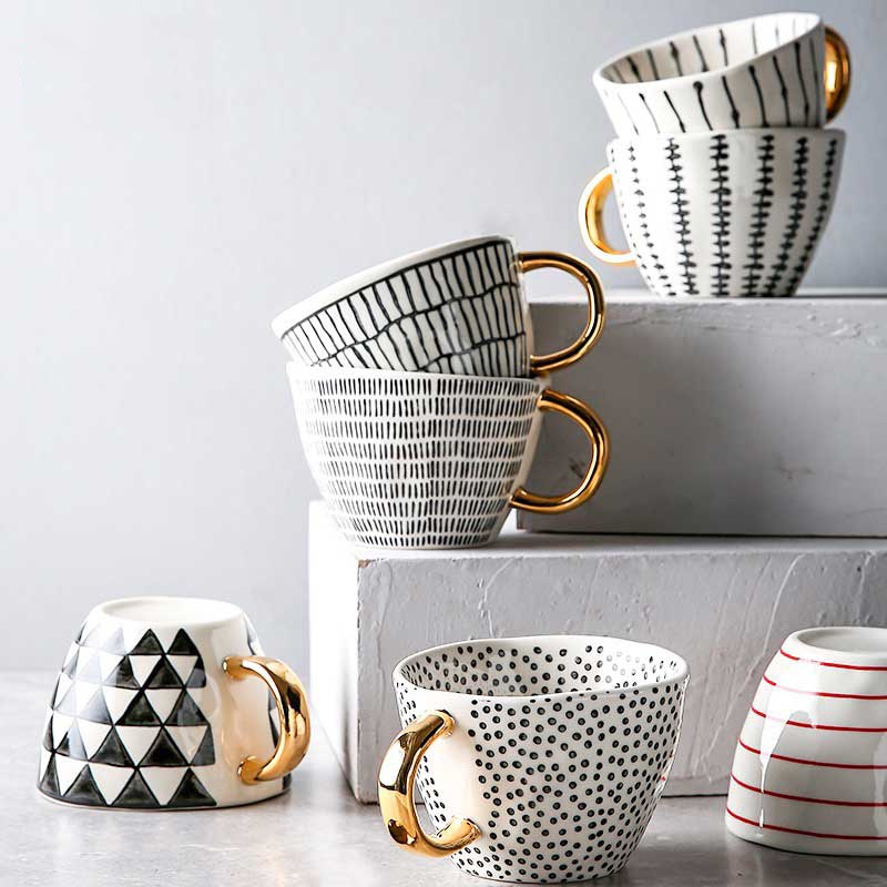 Luxe Hand Painted Gold Handle Ceramic Mugs
