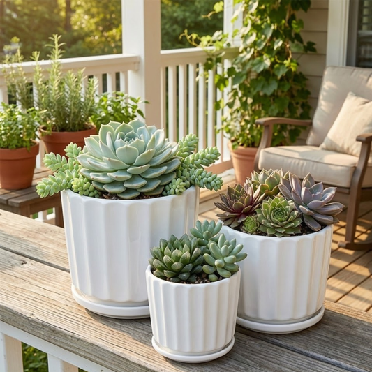 Fluted White Ceramic Planter Set
