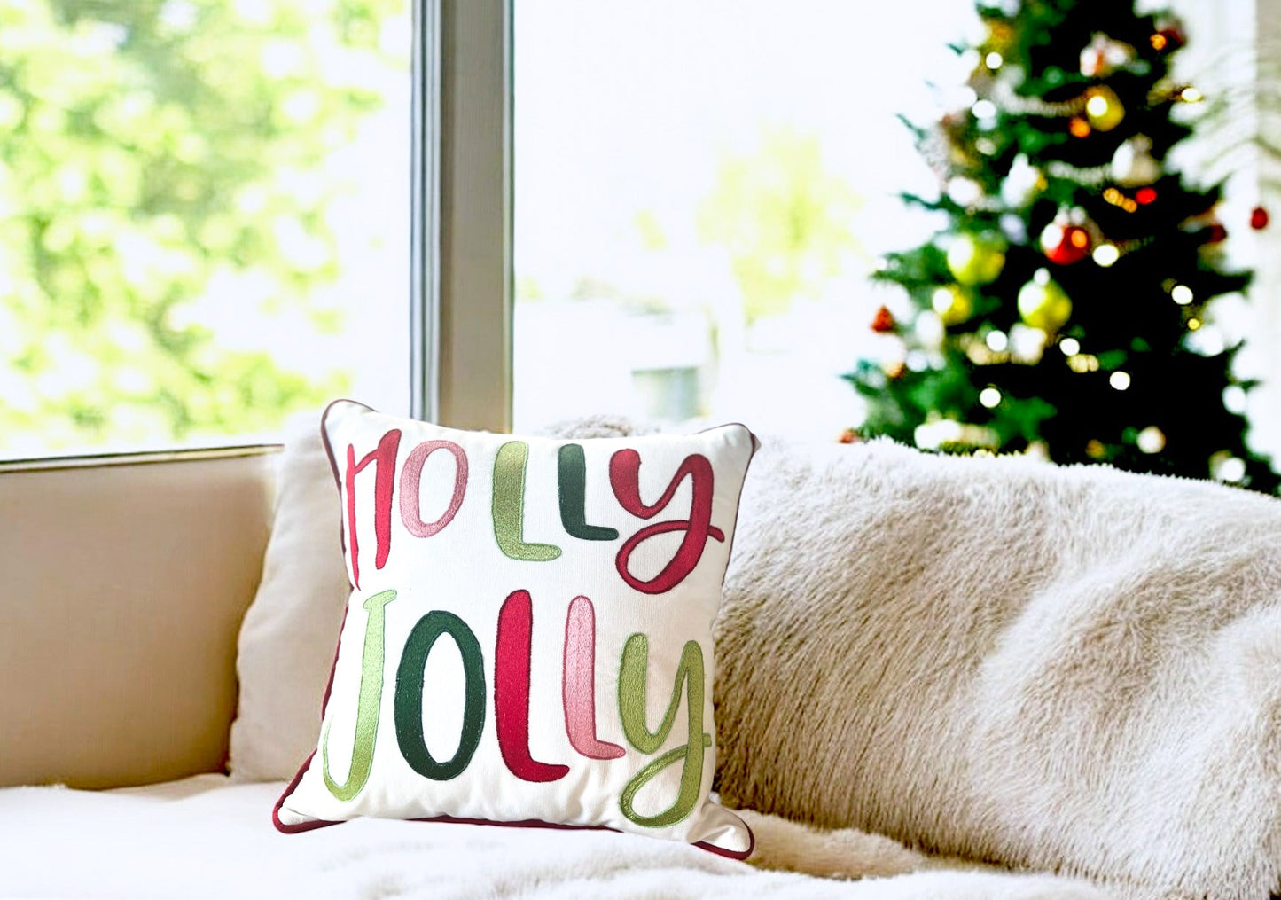 Holly Jolly Embroidered Pillow