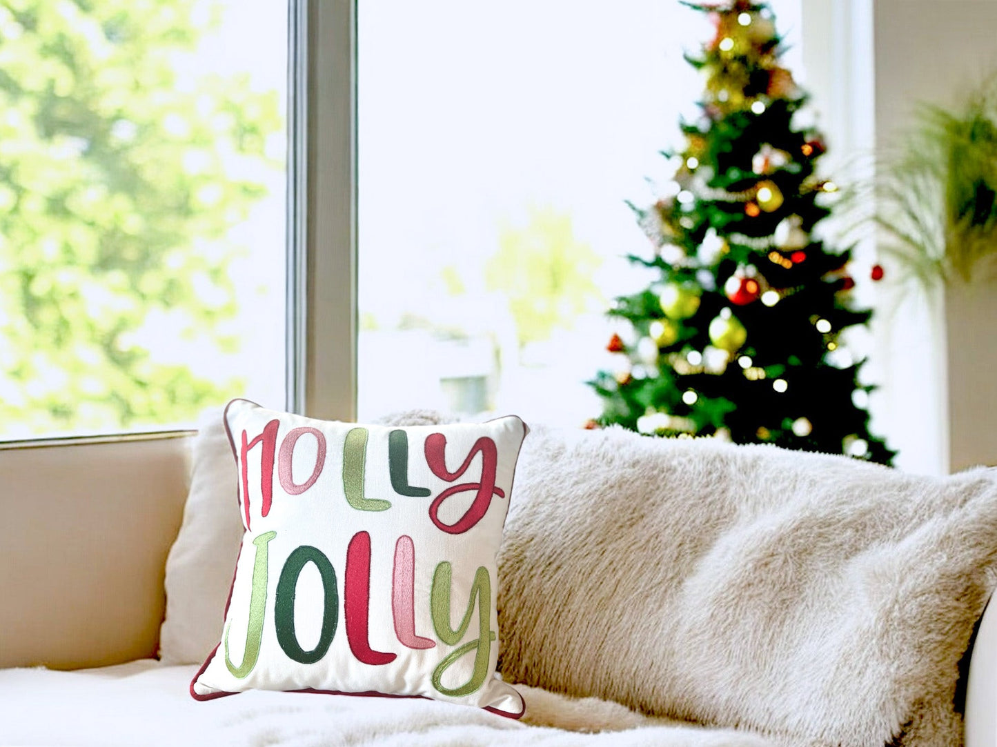 Holly Jolly Embroidered Pillow