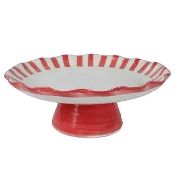 Red Stripe Cake Stand | Handpainted Stoneware