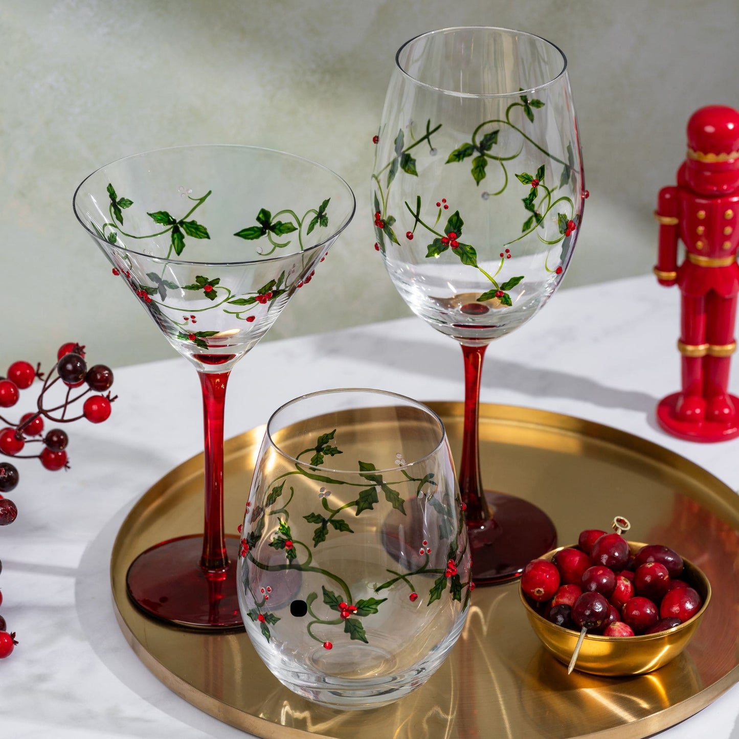 Holly Christmas Martini Glasses