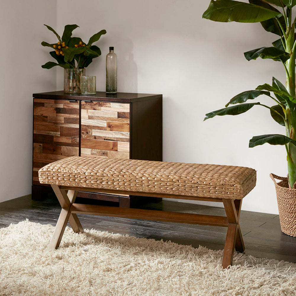 Woven Water Hyacinth Mahogany Bench
