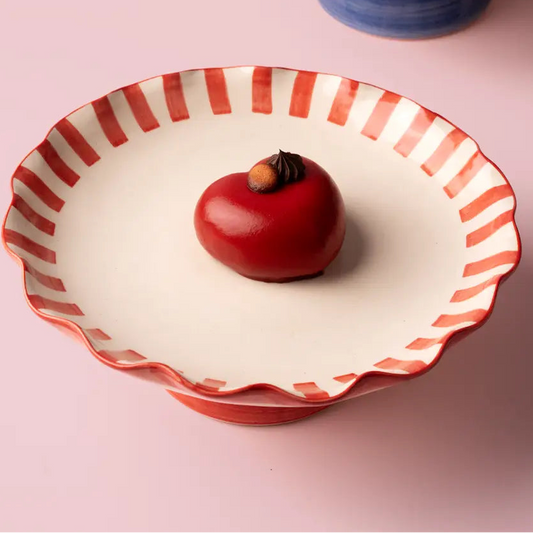 Red Stripe Cake Stand | Handpainted Stoneware