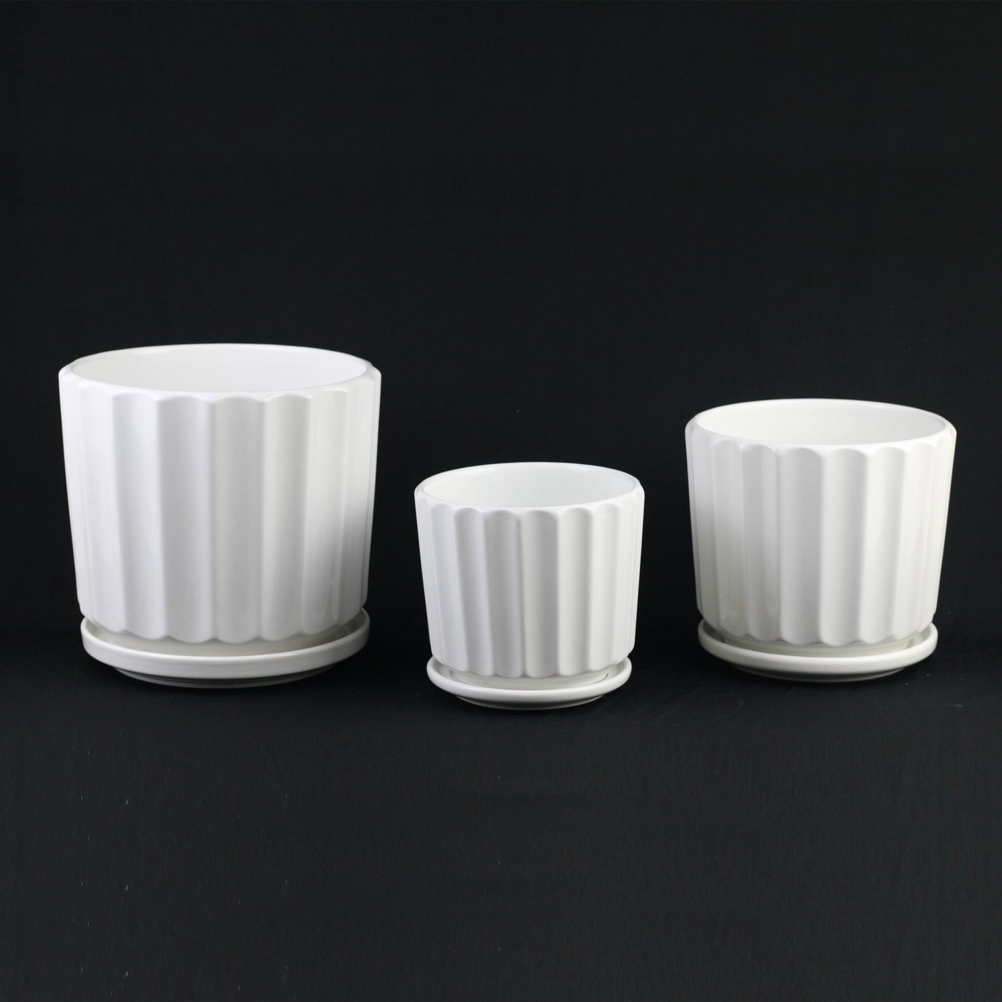 Fluted White Ceramic Planter Set