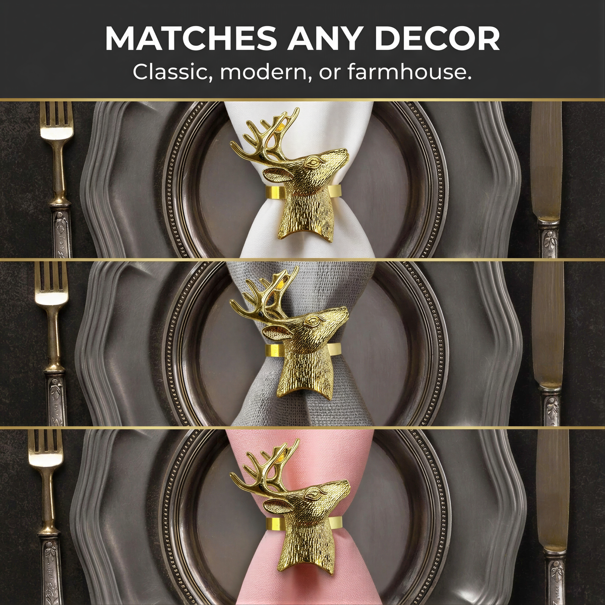 Gold Reindeer Napkin Rings – Festive Napkin Holders | Rust Resistant Table Decor Accessories