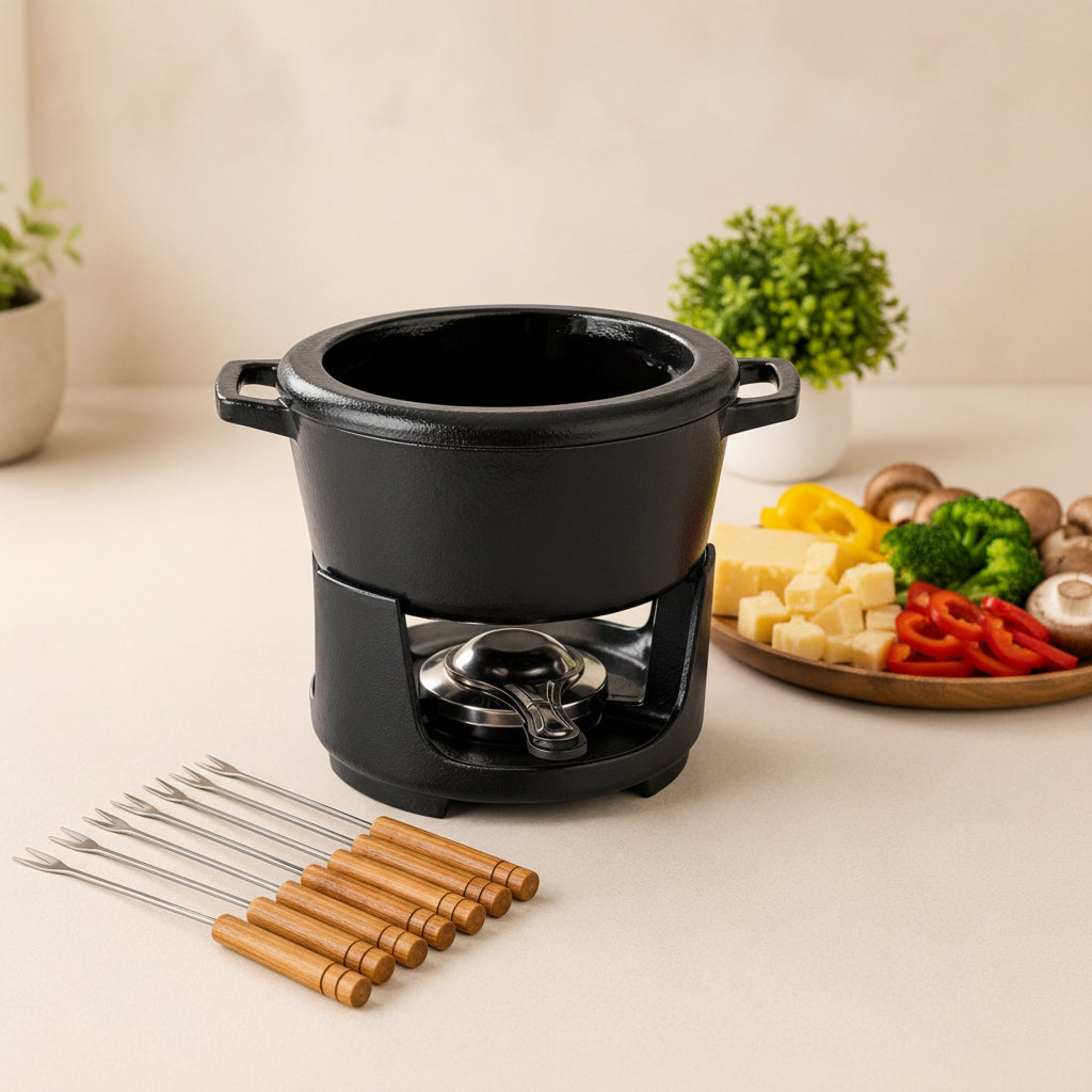 Enameled Cast Iron Fondue Set, 8-Piece, 2-Qt