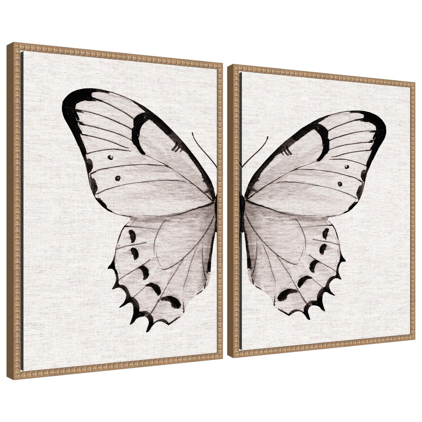 Sylvie Beaded Minimal Butterfly Watercolor Neutral Linen - 2 Piece Framed Canvas Art Set by The Creative Bunch Studio