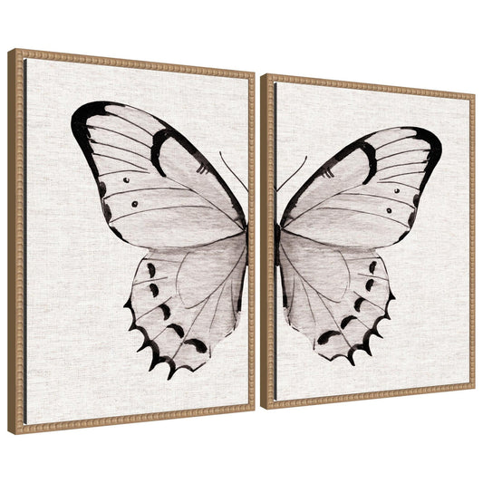 Sylvie Beaded Minimal Butterfly Watercolor Neutral Linen - 2 Piece Framed Canvas Art Set by The Creative Bunch Studio