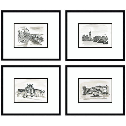 Vintage Europe 4 Piece Framed Wall Art Print Set by Teju Reval