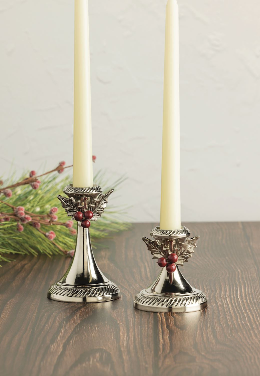 Holly Leaf & Berry Silver Metal Candlesticks | 2 Sizes