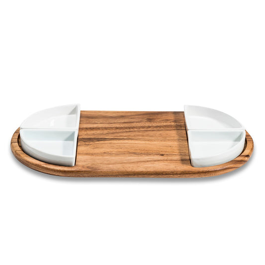 Acacia Wood Serving Tray w/ Ceramic Bowls