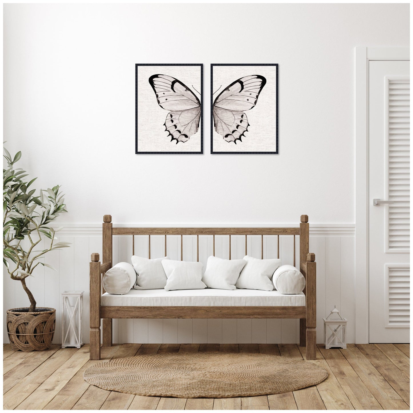 Sylvie Beaded Minimal Butterfly Watercolor Neutral Linen - 2 Piece Framed Canvas Art Set by The Creative Bunch Studio