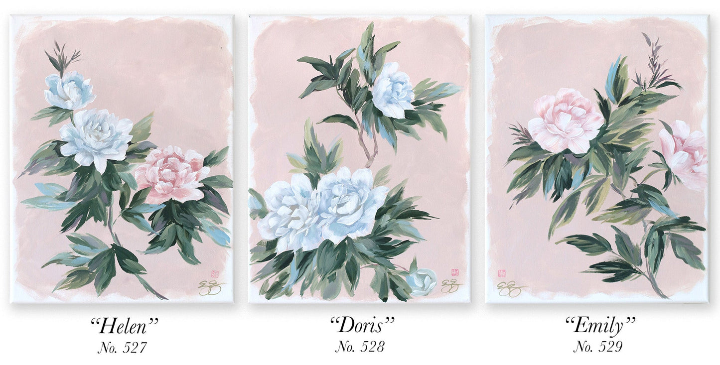 "Doris," Original pink-tan chinoiserie peony painting (No. 528) - 14 x 18
