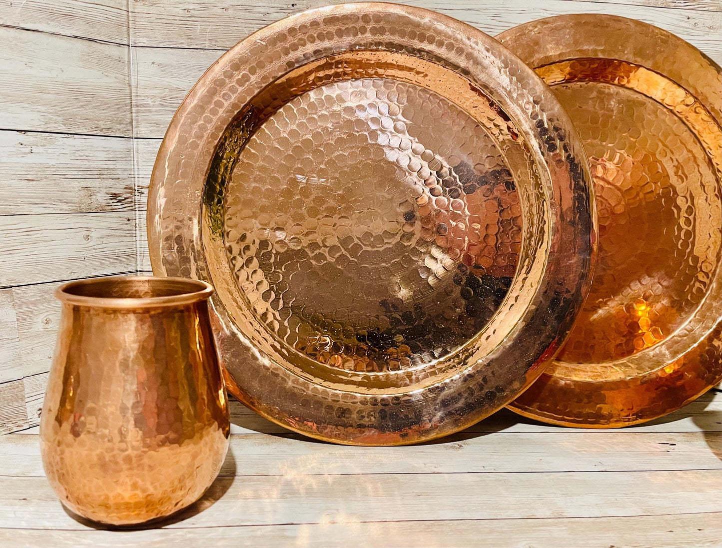 Mexican Copper Charger Plates with 2 Copper Cups