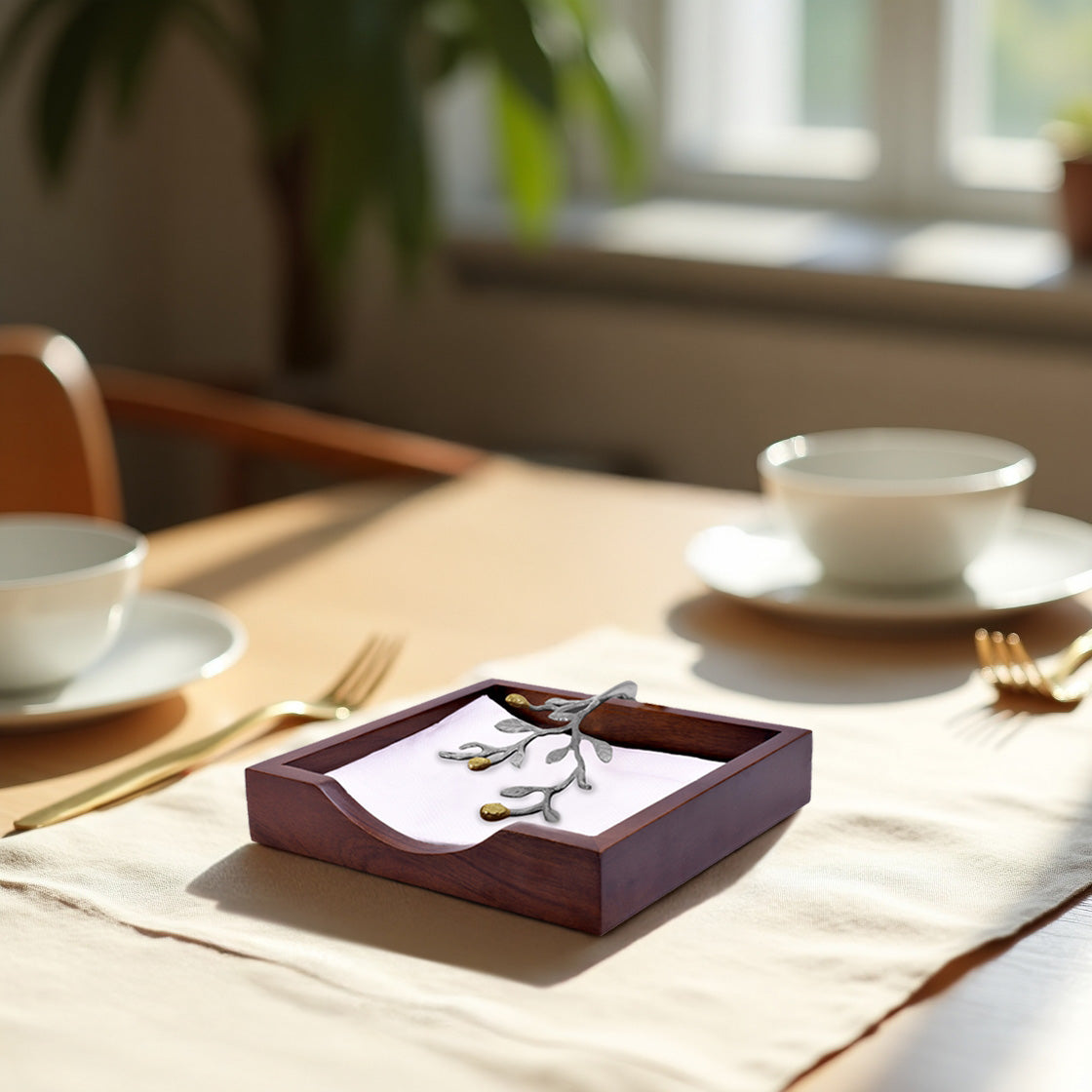 Solid Wood & Silver Napkin Holder