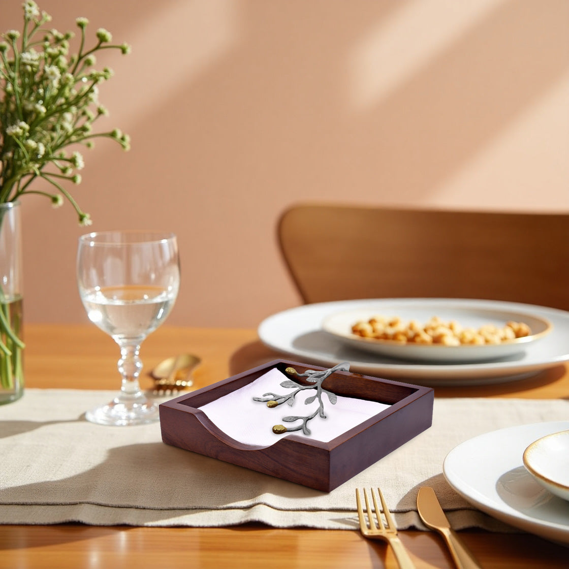 Solid Wood & Silver Napkin Holder