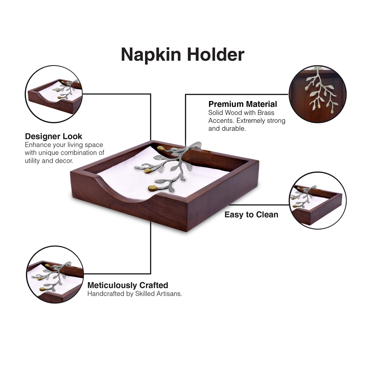 Solid Wood & Silver Napkin Holder