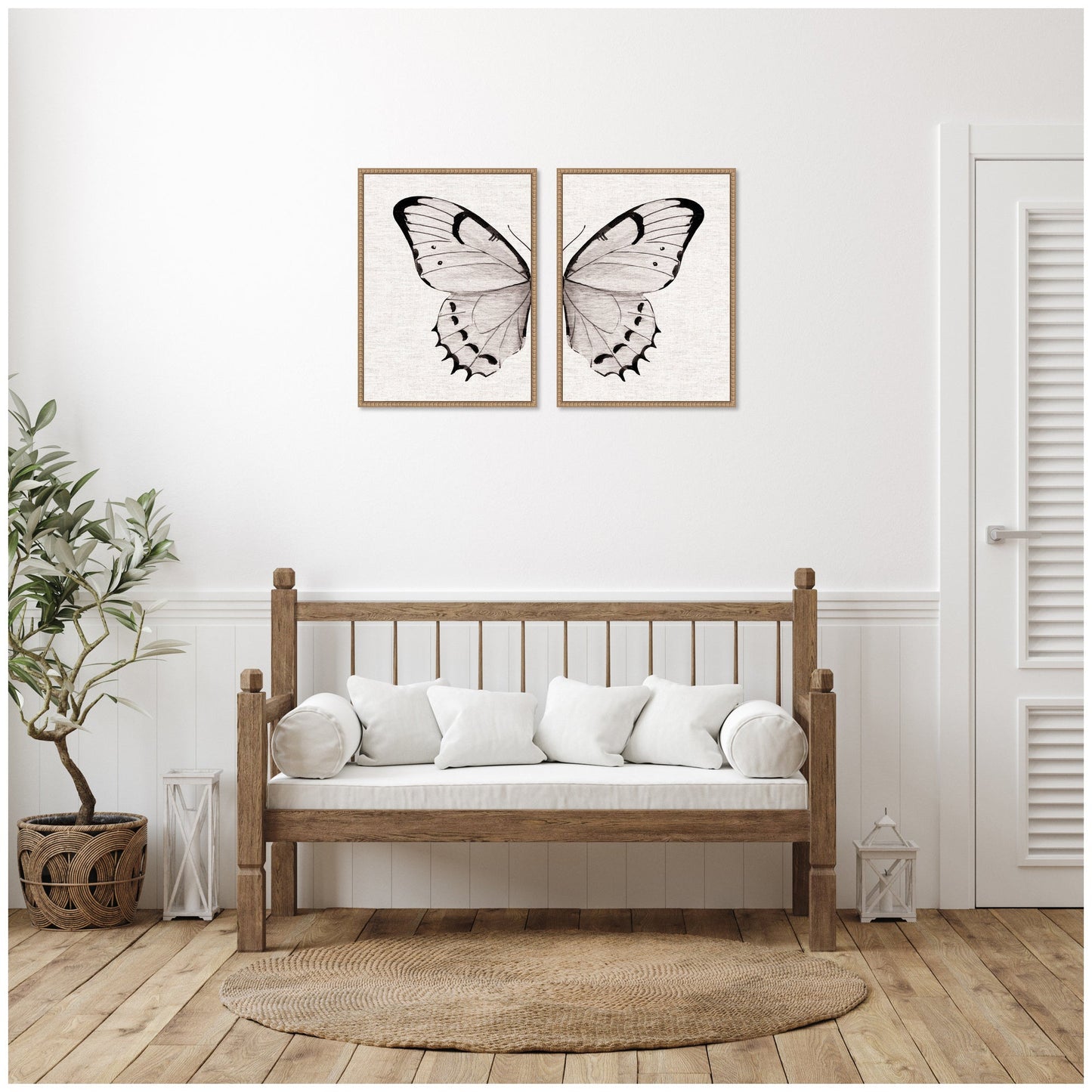 Sylvie Beaded Minimal Butterfly Watercolor Neutral Linen - 2 Piece Framed Canvas Art Set by The Creative Bunch Studio