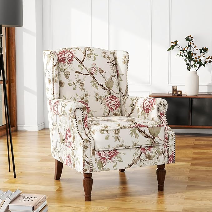 High Back Upholstered Floral Armchair