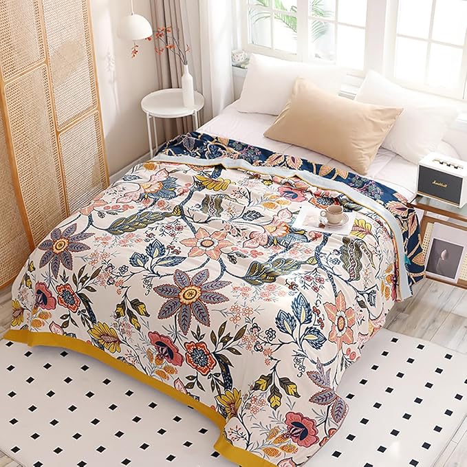 Boho Floral Cotton Summer Muslin Blanket