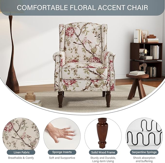 High Back Upholstered Floral Armchair