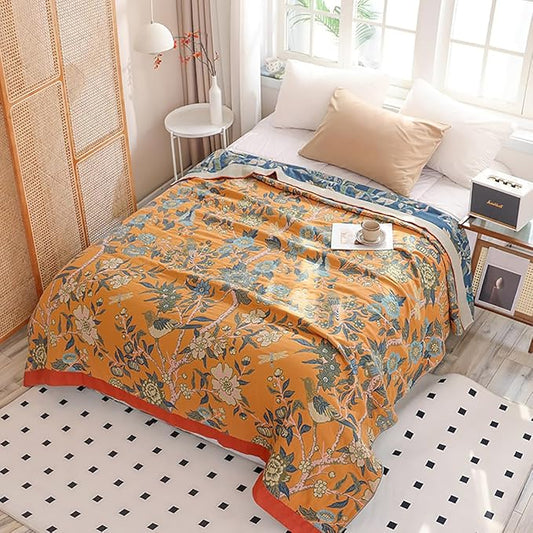 Flower Branch Orange Muslin Blanket 4-Layer Gauze 100% Cotton