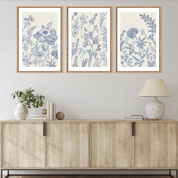 Classic Chinoiserie Watercolor Floral Framed Canvas