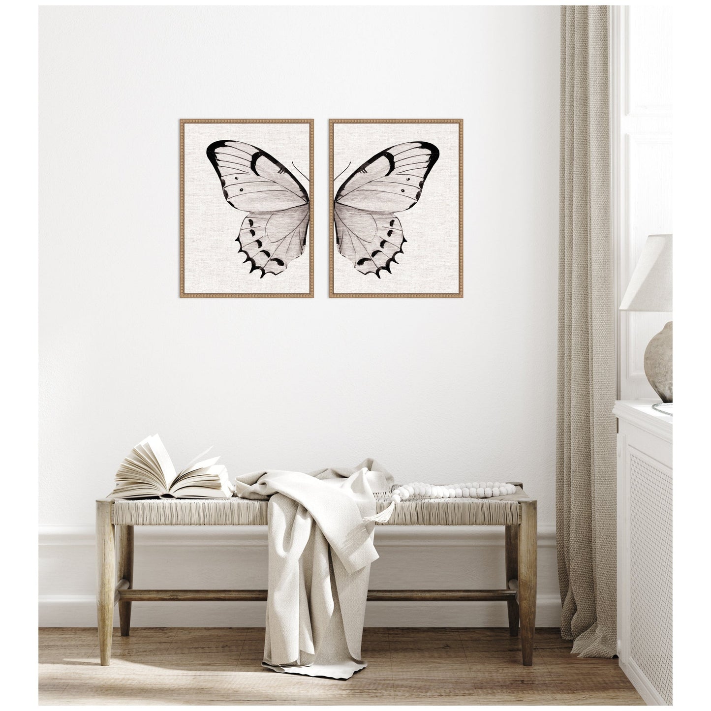 Sylvie Beaded Minimal Butterfly Watercolor Neutral Linen - 2 Piece Framed Canvas Art Set by The Creative Bunch Studio