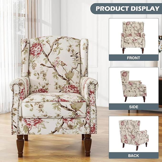 High Back Upholstered Floral Armchair