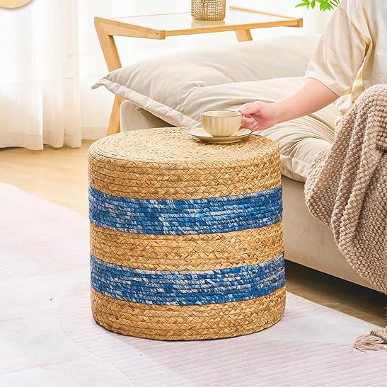 Handwoven Ottoman Pouf, Natural Water Hyacinth Footstool, Round Braided Outdoor Seat with Sturdy Frame, Boho Accent Stool for Patio, Balcony, or Garden (Blue)